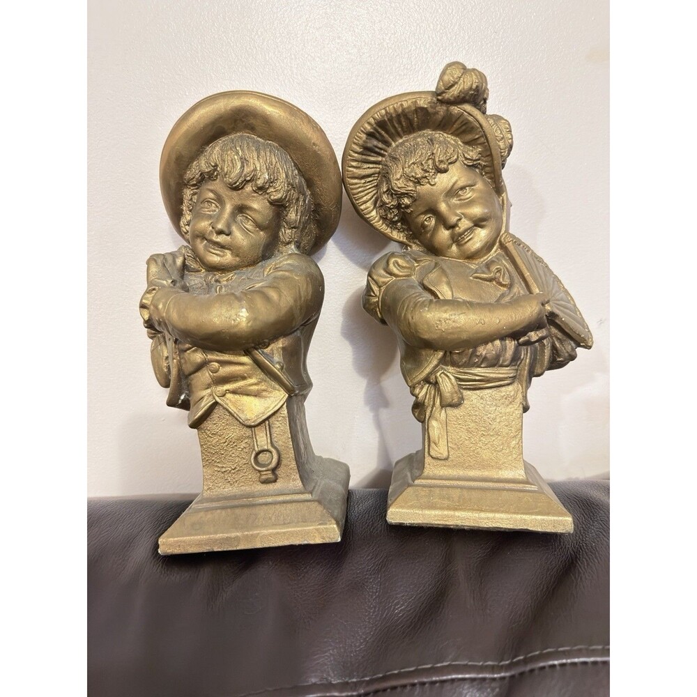 Vintage 1964 ESCO Products Chalkware Bookends Bust Set Boy & Girl E. Villanis